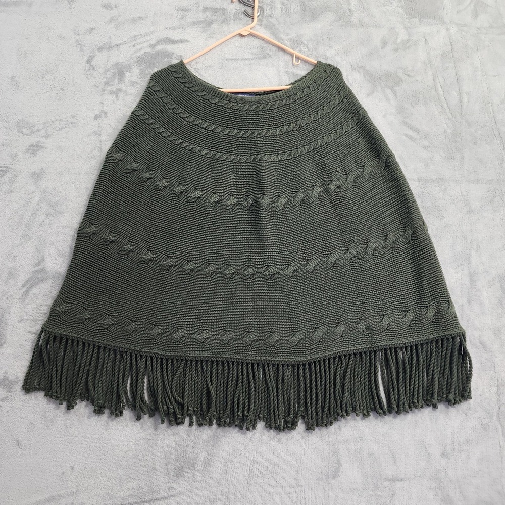 Lands' End Cape Womens S/M Green Wool Blend Cable Knit Fringe Poncho Sweater